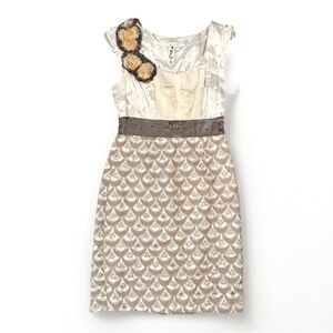 Floreat Anthropologie Size 0 Cream and Brown Sheath Dress with Flutter Sleeves